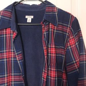 LL Bean Fleece Lined Flannel Navy Blue/Red Size M
